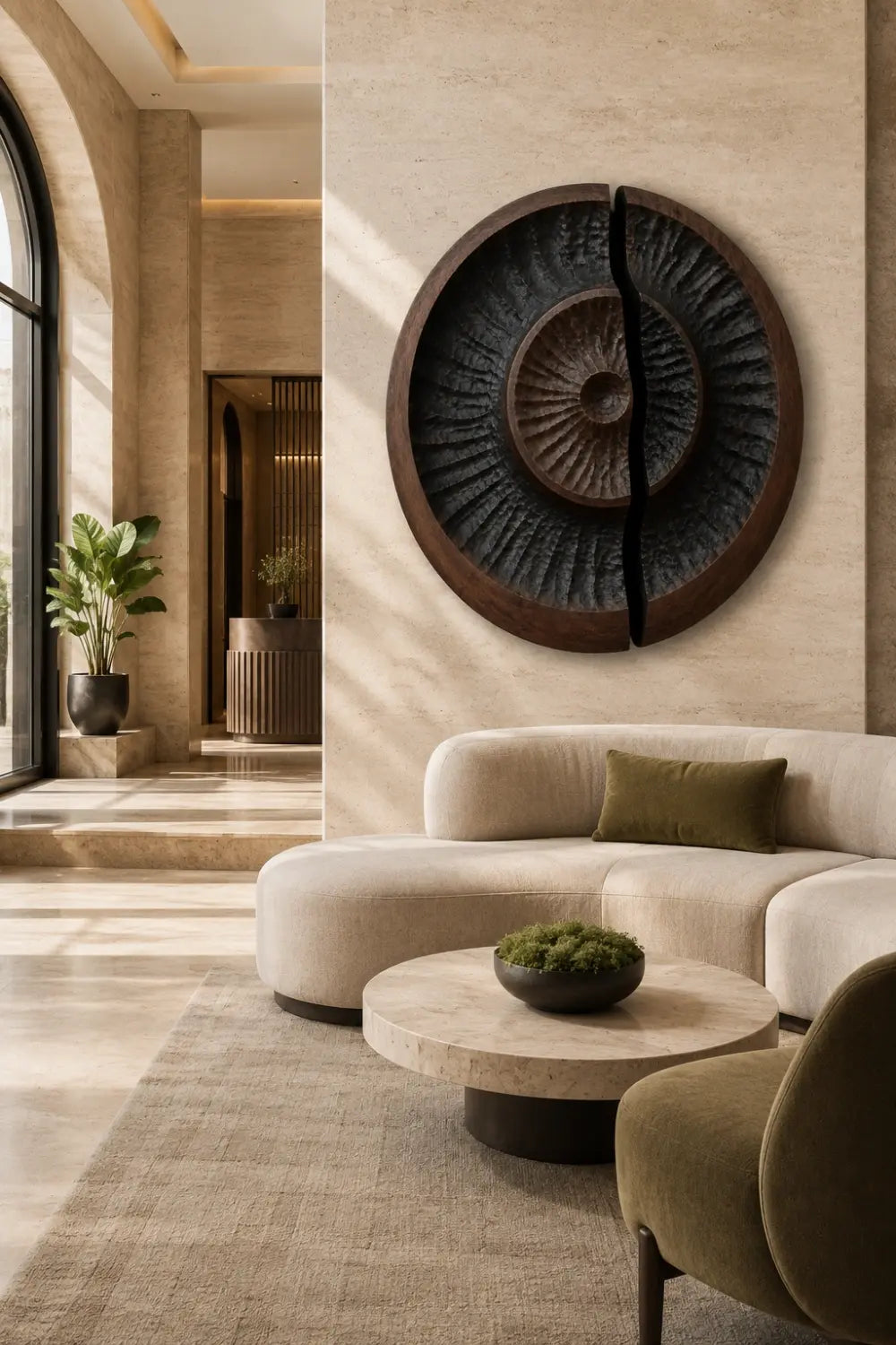 Round Carved Wooden Wall Art Sculpture | Modern Textured Relief Decor Panel