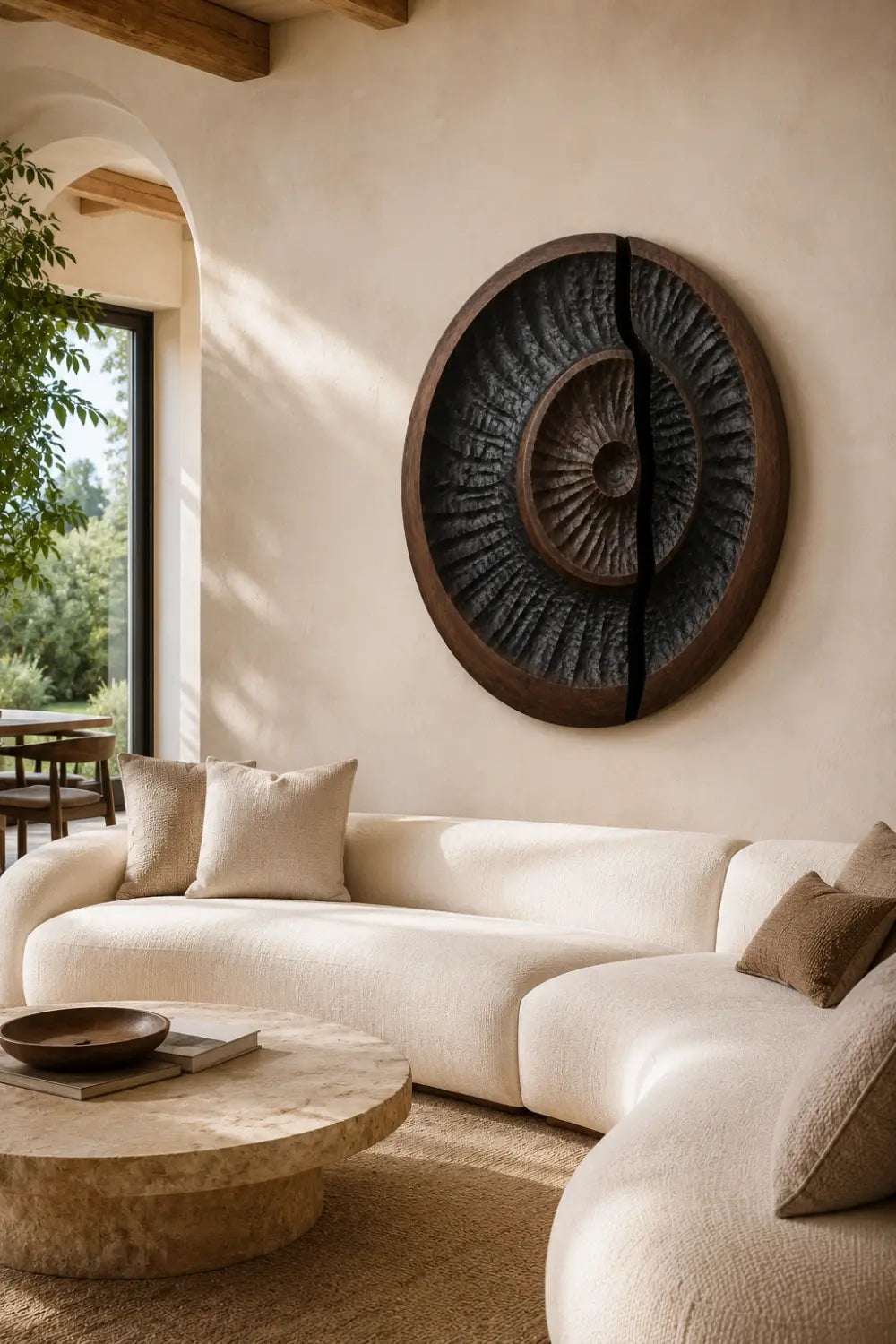 Round Carved Wooden Wall Art Sculpture | Modern Textured Relief Decor Panel