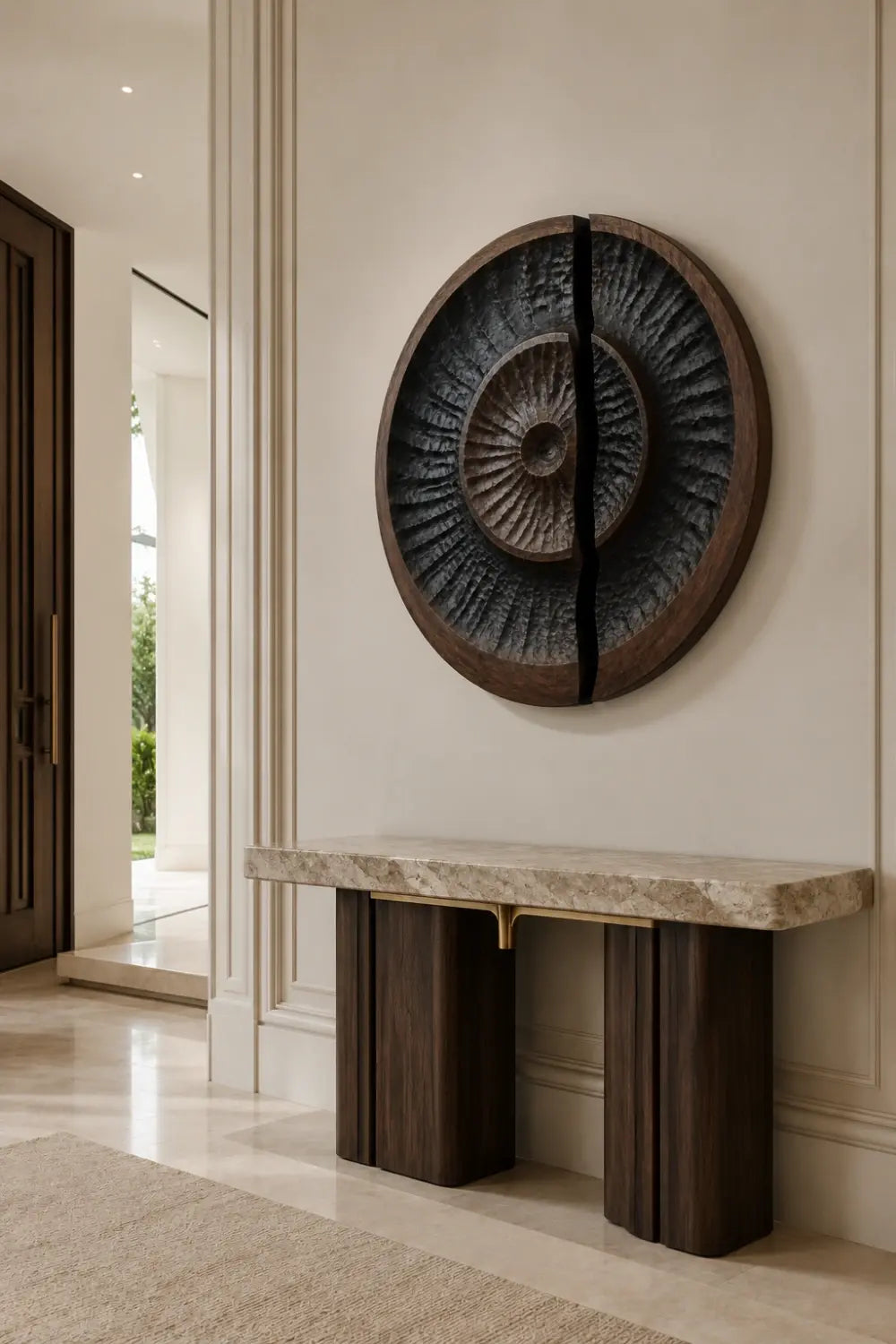 Round Carved Wooden Wall Art Sculpture | Modern Textured Relief Decor Panel