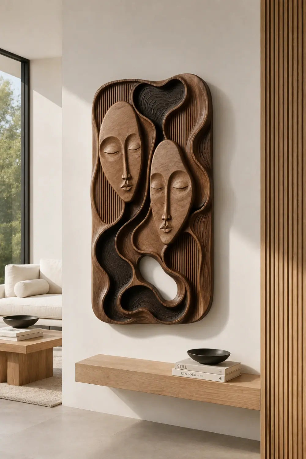 Modern Abstract Face Wooden Wall Decor | Carved Relief Hanging Panel Art