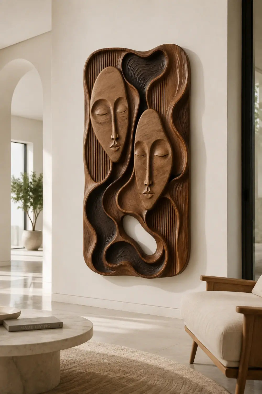 Modern Abstract Face Wooden Wall Decor | Carved Relief Hanging Panel Art