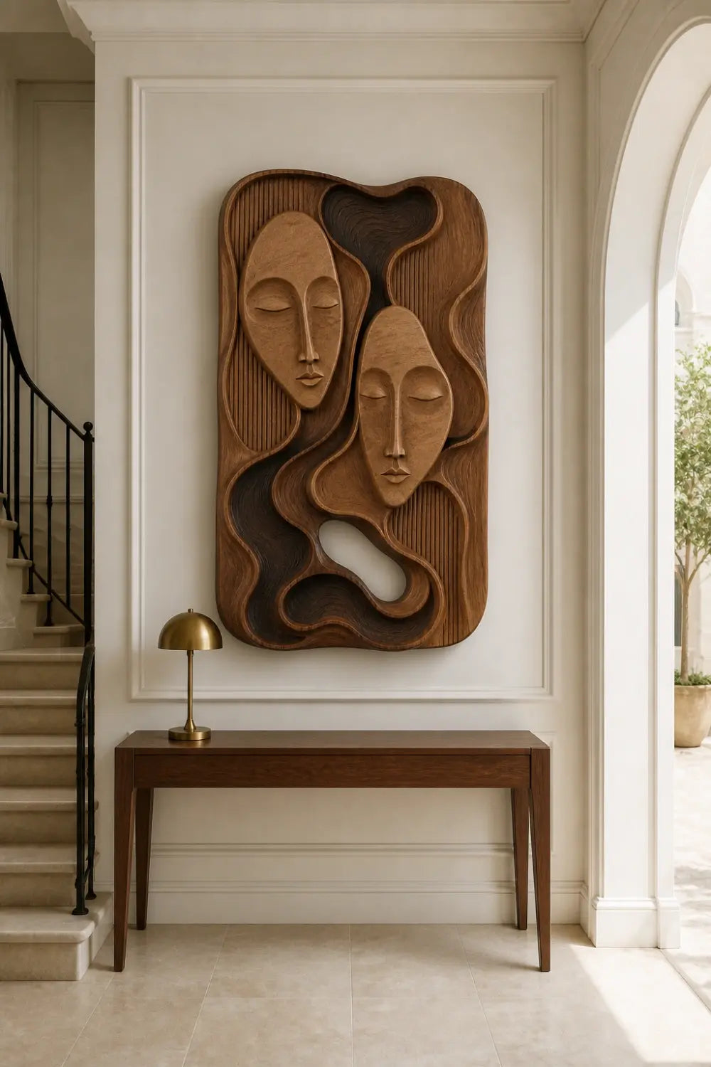 Modern Abstract Face Wooden Wall Decor | Carved Relief Hanging Panel Art