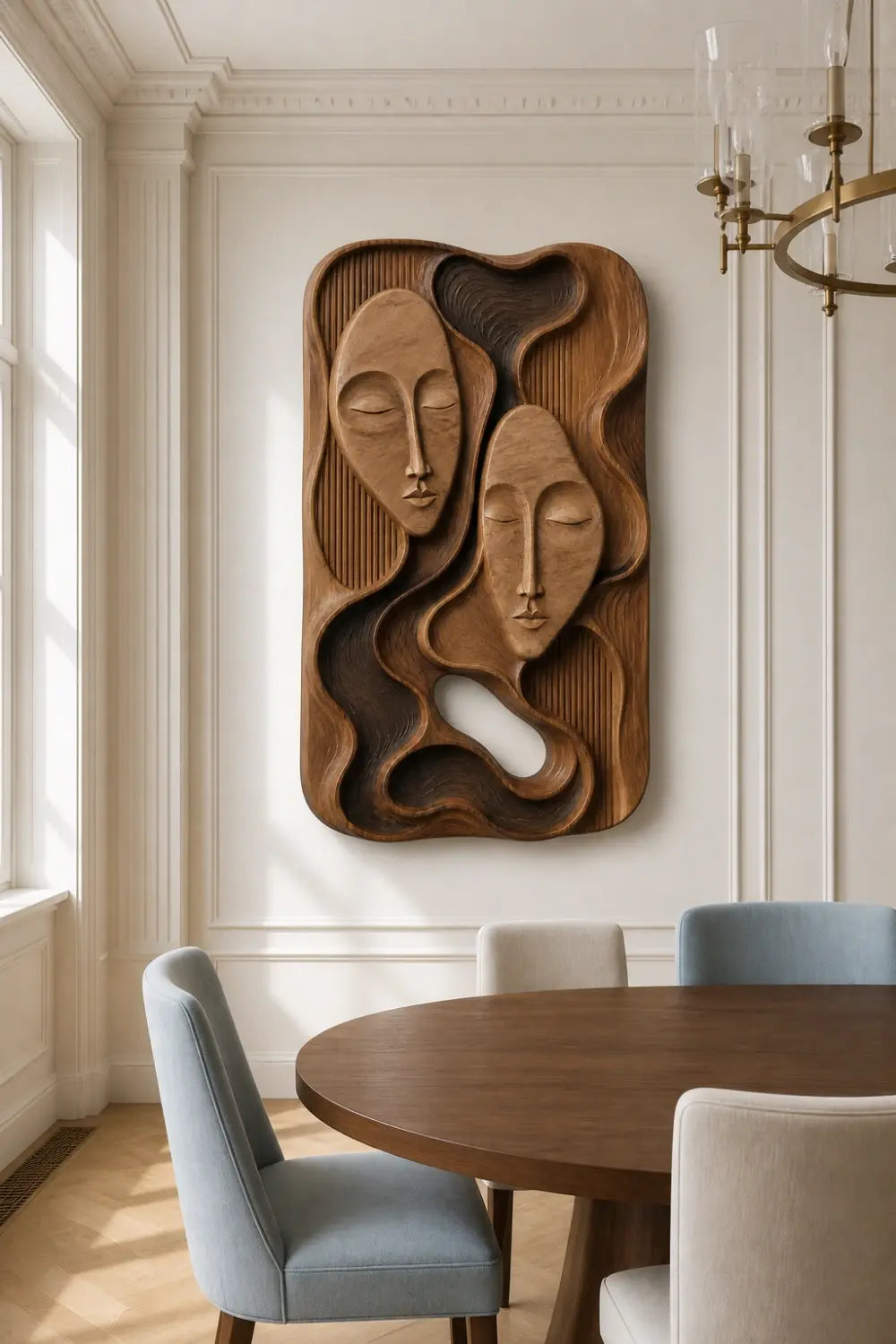 Modern Abstract Face Wooden Wall Decor | Carved Relief Hanging Panel Art