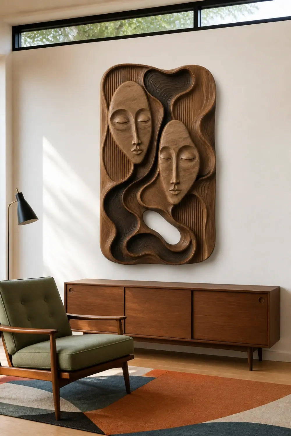 Modern Abstract Face Wooden Wall Decor | Carved Relief Hanging Panel Art