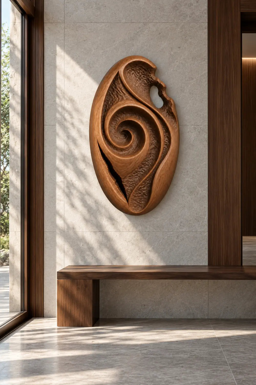 Wood Wall Medallion Relief Sculpture | Modern Radial Texture Art Decor