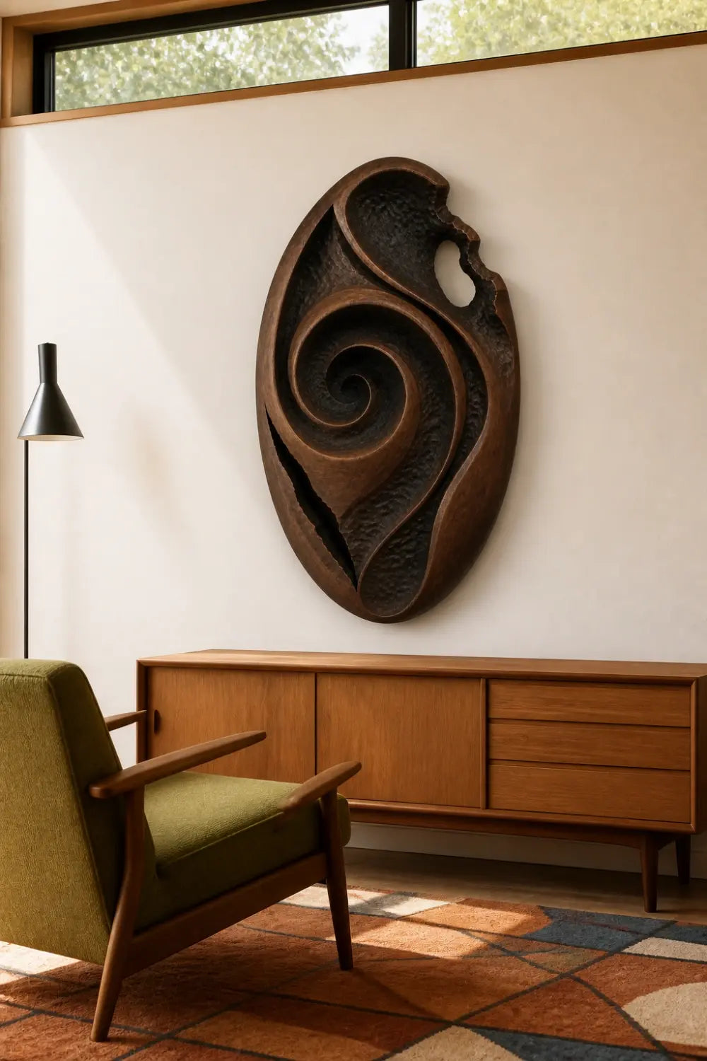 Wood Wall Medallion Relief Sculpture | Modern Radial Texture Art Decor
