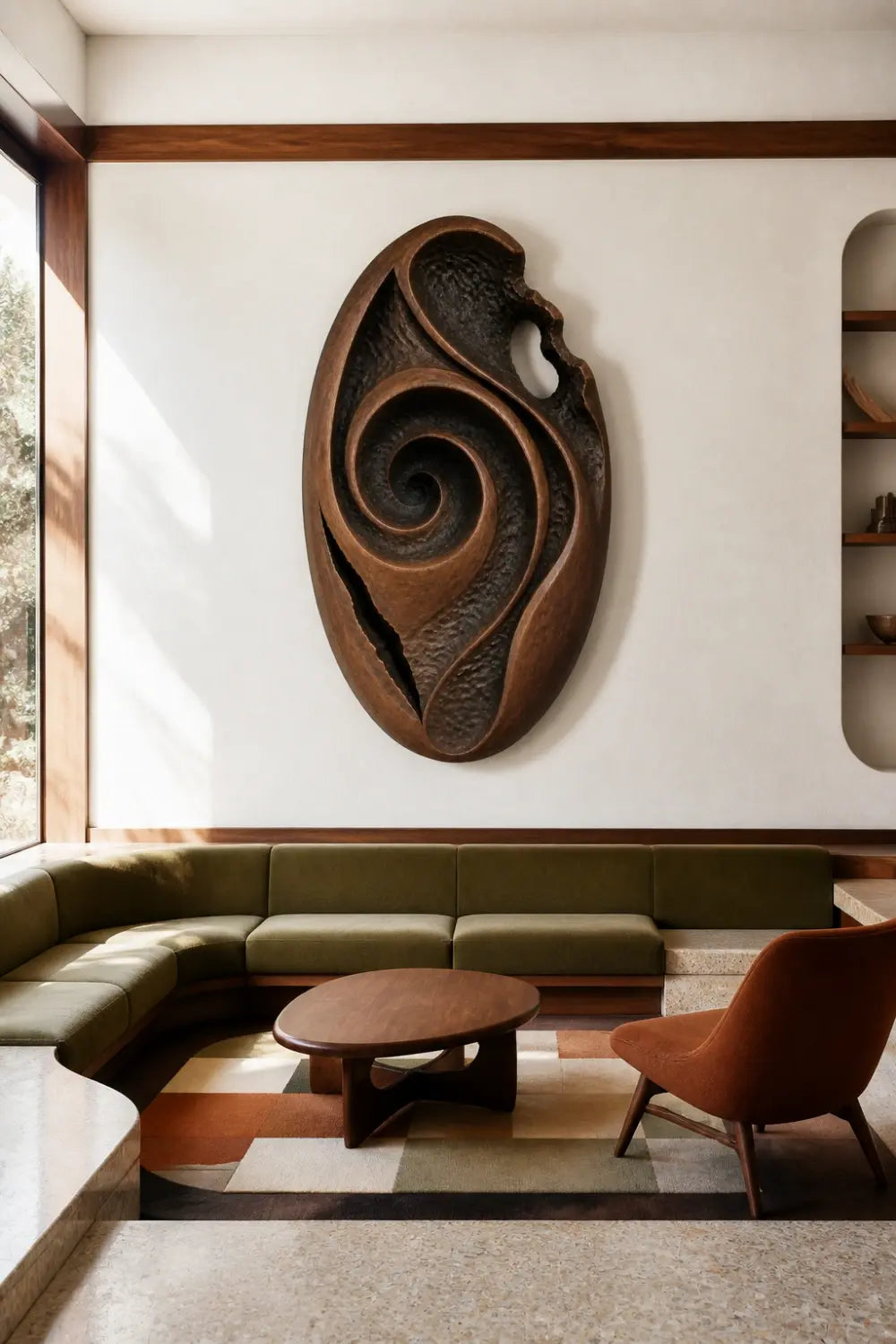 Wood Wall Medallion Relief Sculpture | Modern Radial Texture Art Decor