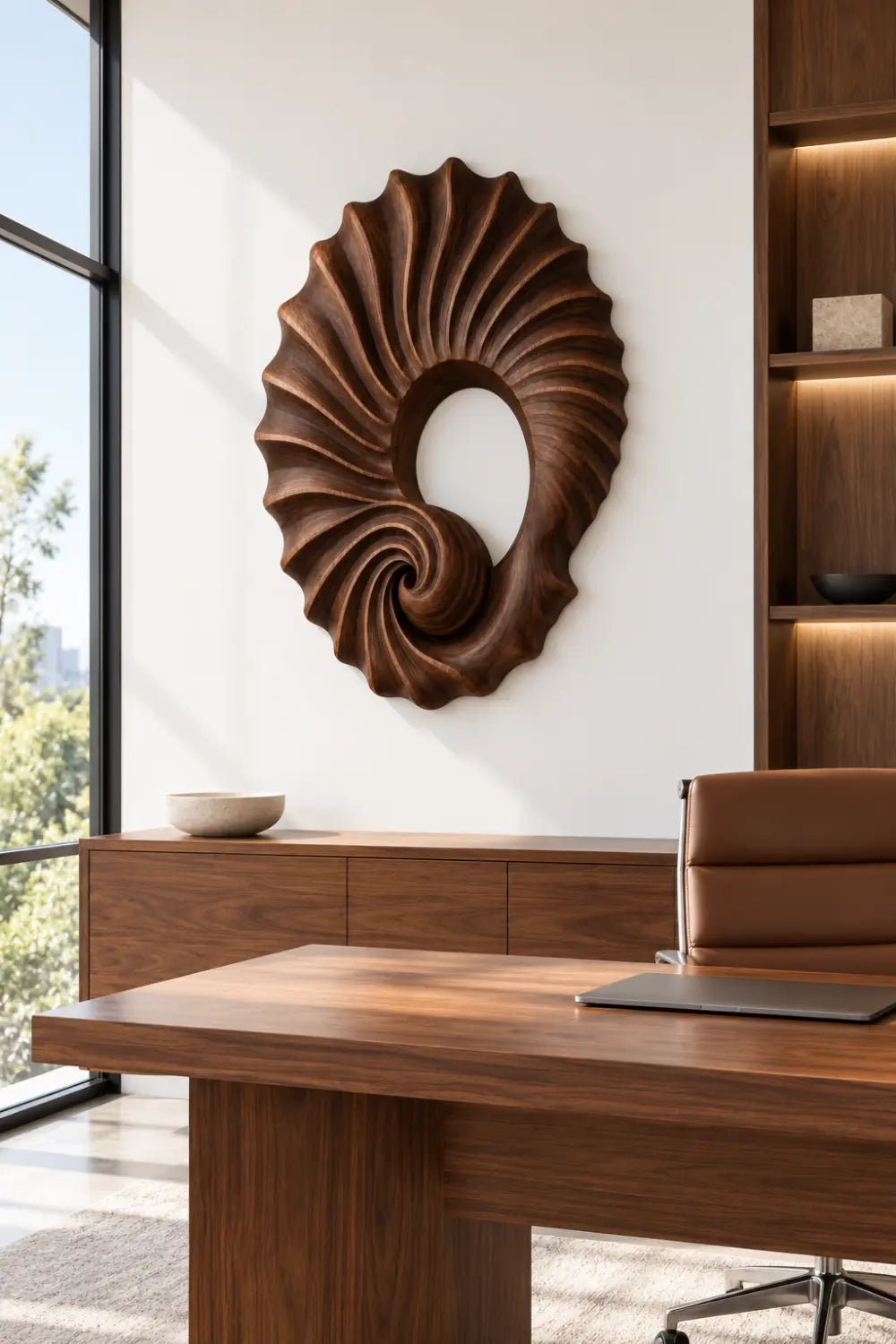 Carved Wooden Spiral Shell Wall Sculpture | Modern Nautilus Wood Relief Decor