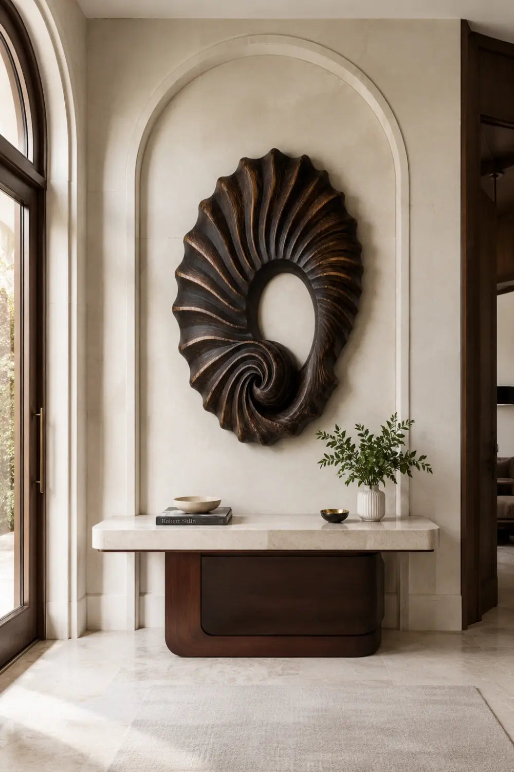 Carved Wooden Spiral Shell Wall Sculpture | Modern Nautilus Wood Relief Decor