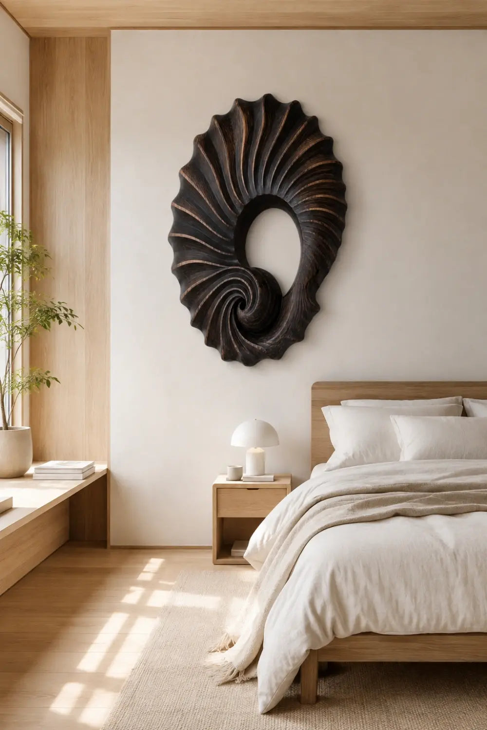 Carved Wooden Spiral Shell Wall Sculpture | Modern Nautilus Wood Relief Decor