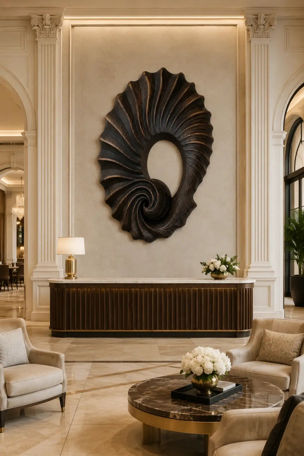 Carved Wooden Spiral Shell Wall Sculpture | Modern Nautilus Wood Relief Decor