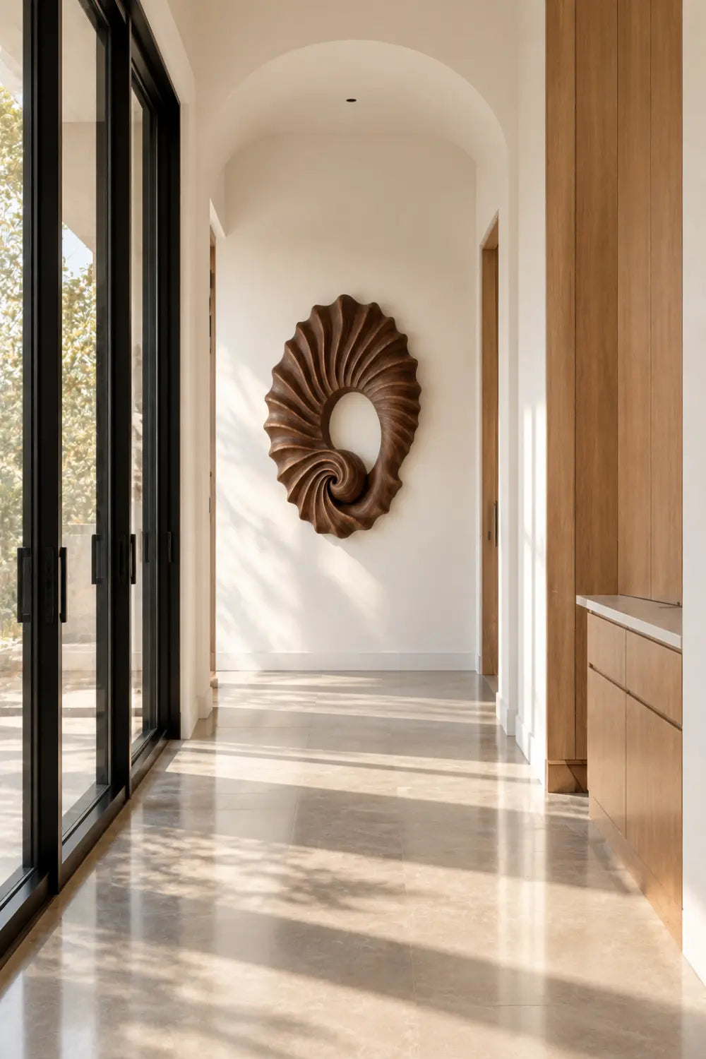 Carved Wooden Spiral Shell Wall Sculpture | Modern Nautilus Wood Relief Decor