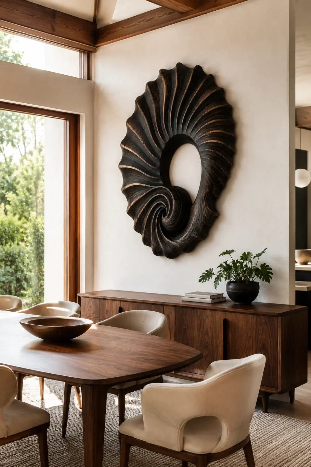 Carved Wooden Spiral Shell Wall Sculpture | Modern Nautilus Wood Relief Decor