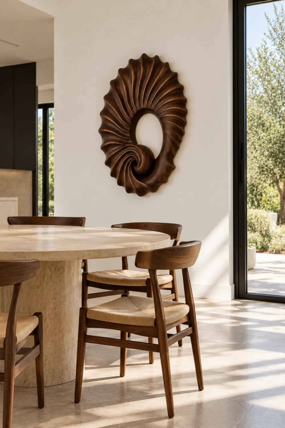 Carved Wooden Spiral Shell Wall Sculpture | Modern Nautilus Wood Relief Decor