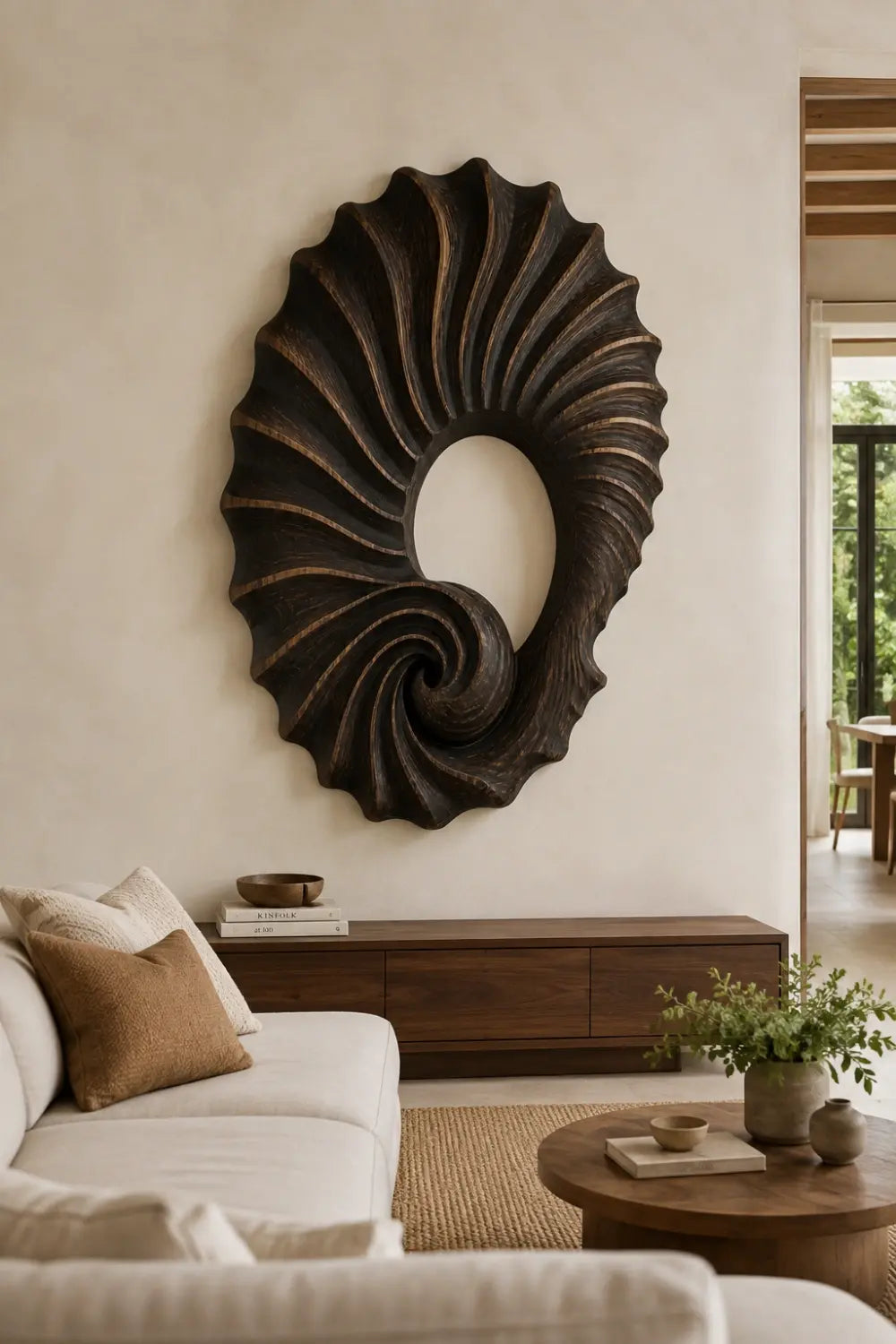 Carved Wooden Spiral Shell Wall Sculpture | Modern Nautilus Wood Relief Decor