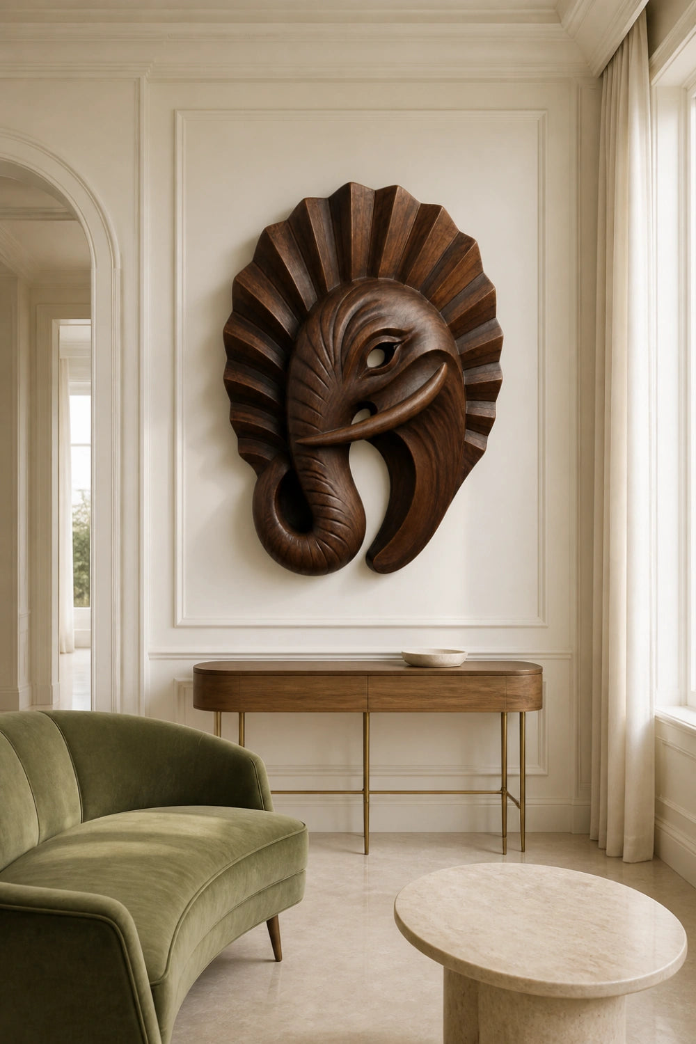 Art Deco Wooden Elephant Wall Sculpture | Carved Fluted Relief Decor