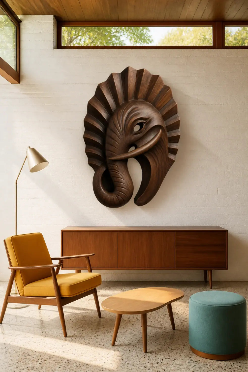 Art Deco Wooden Elephant Wall Sculpture | Carved Fluted Relief Decor