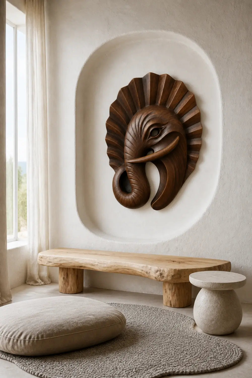 Art Deco Wooden Elephant Wall Sculpture | Carved Fluted Relief Decor