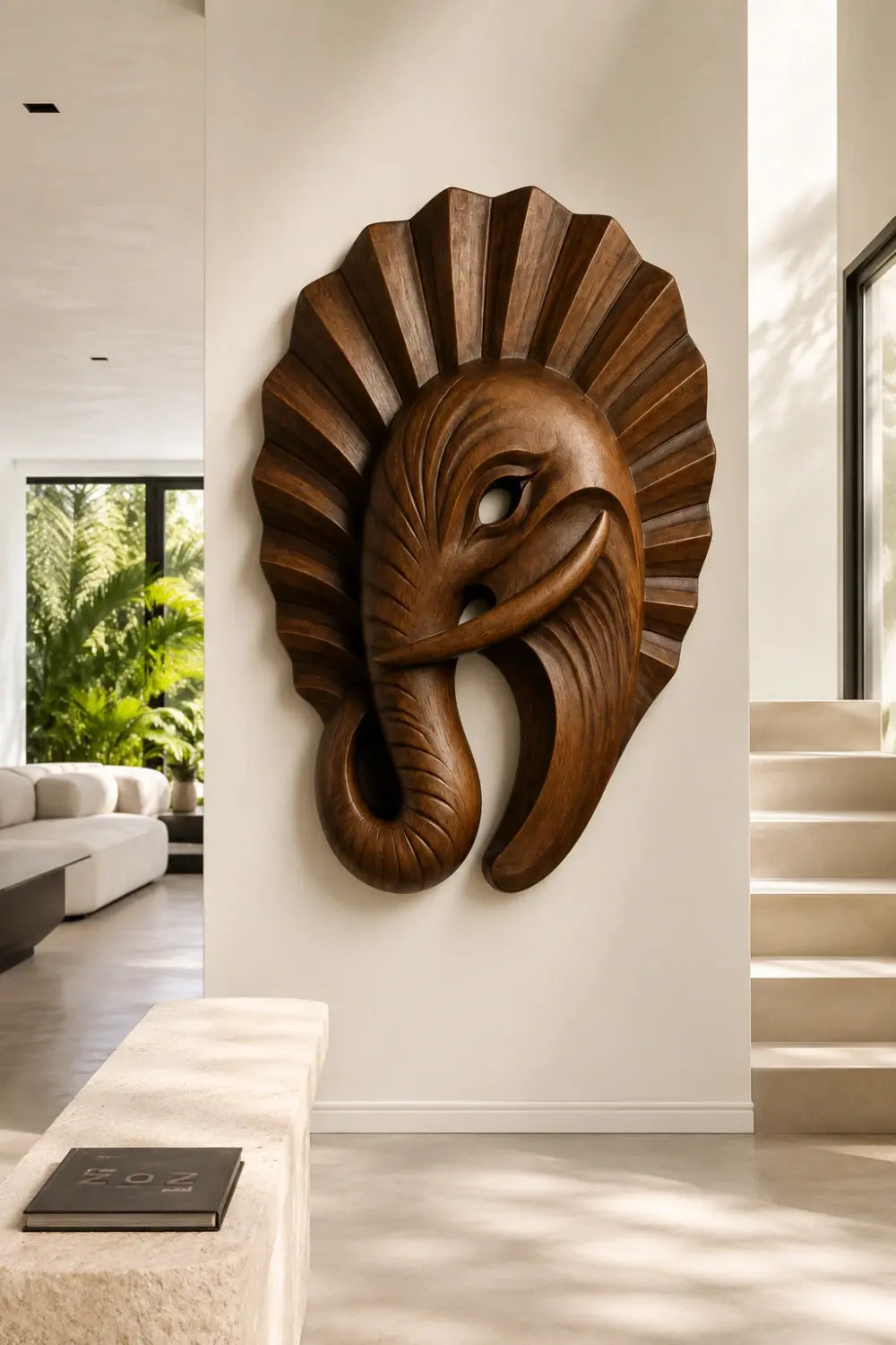 Art Deco Wooden Elephant Wall Sculpture | Carved Fluted Relief Decor