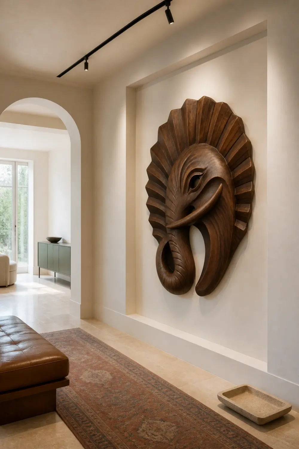 Art Deco Wooden Elephant Wall Sculpture | Carved Fluted Relief Decor