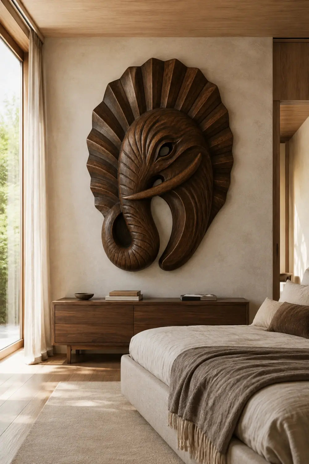 Art Deco Wooden Elephant Wall Sculpture | Carved Fluted Relief Decor