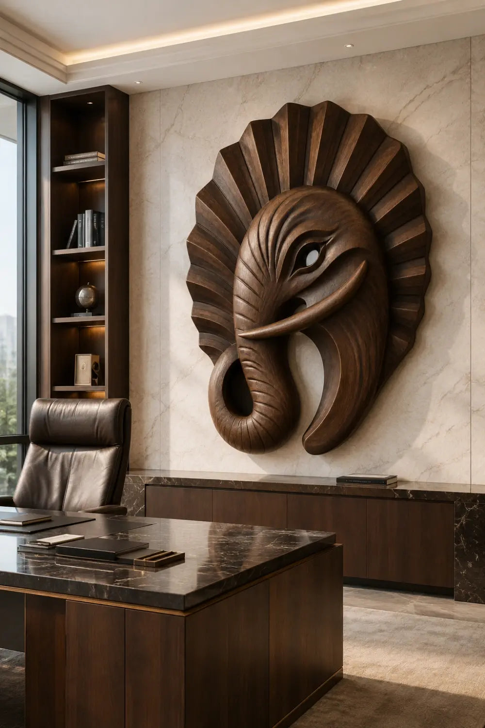 Art Deco Wooden Elephant Wall Sculpture | Carved Fluted Relief Decor