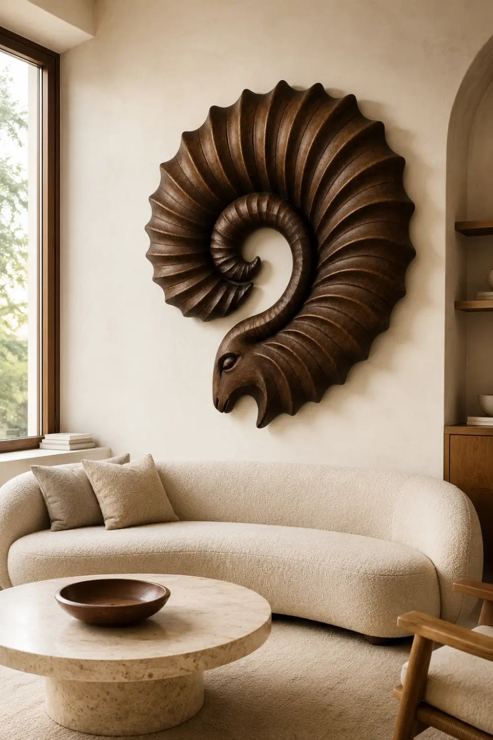 Carved Wooden Ram Horn Wall Sculpture | Ribbed Spiral Animal Relief Decor