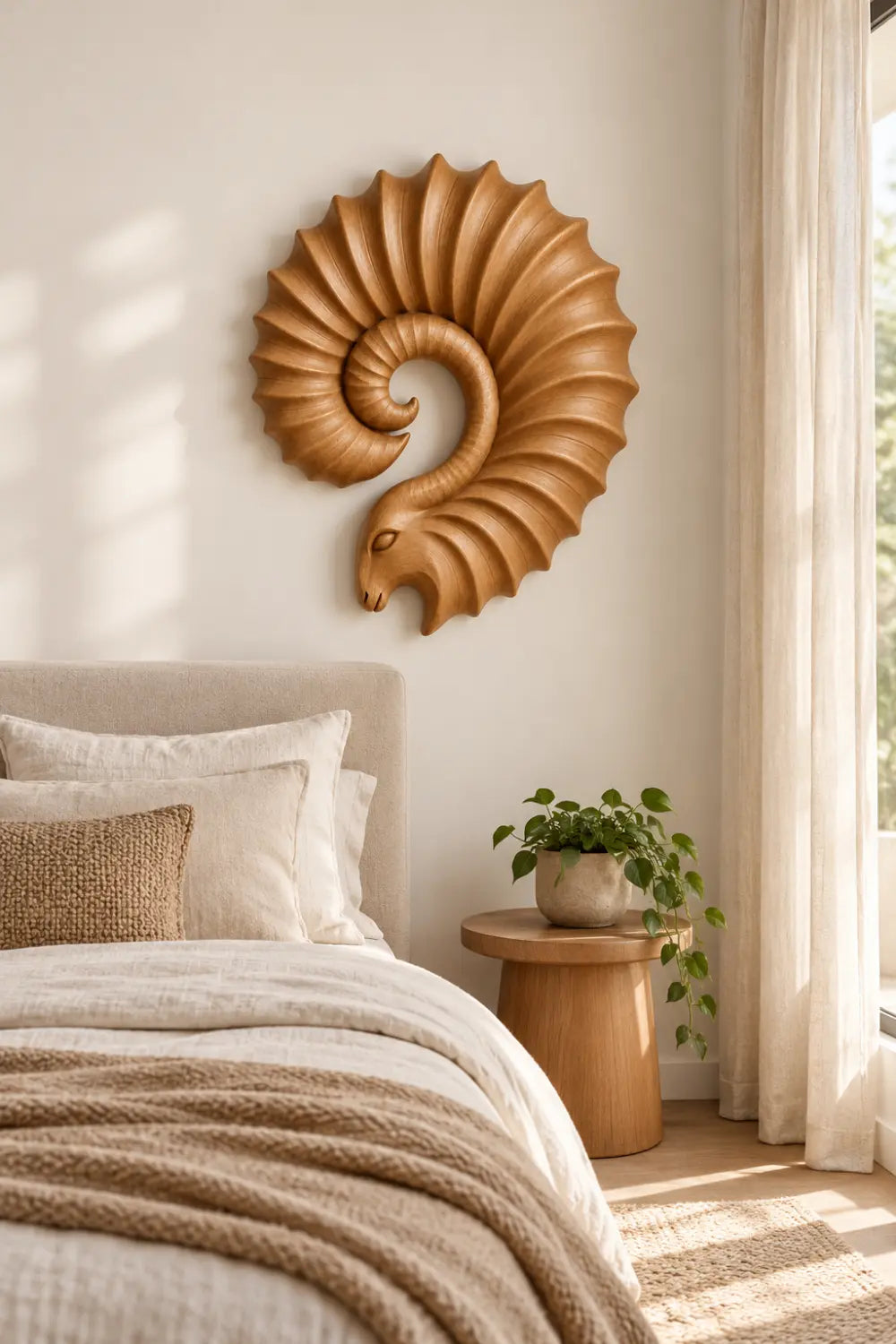 Carved Wooden Ram Horn Wall Sculpture | Ribbed Spiral Animal Relief Decor