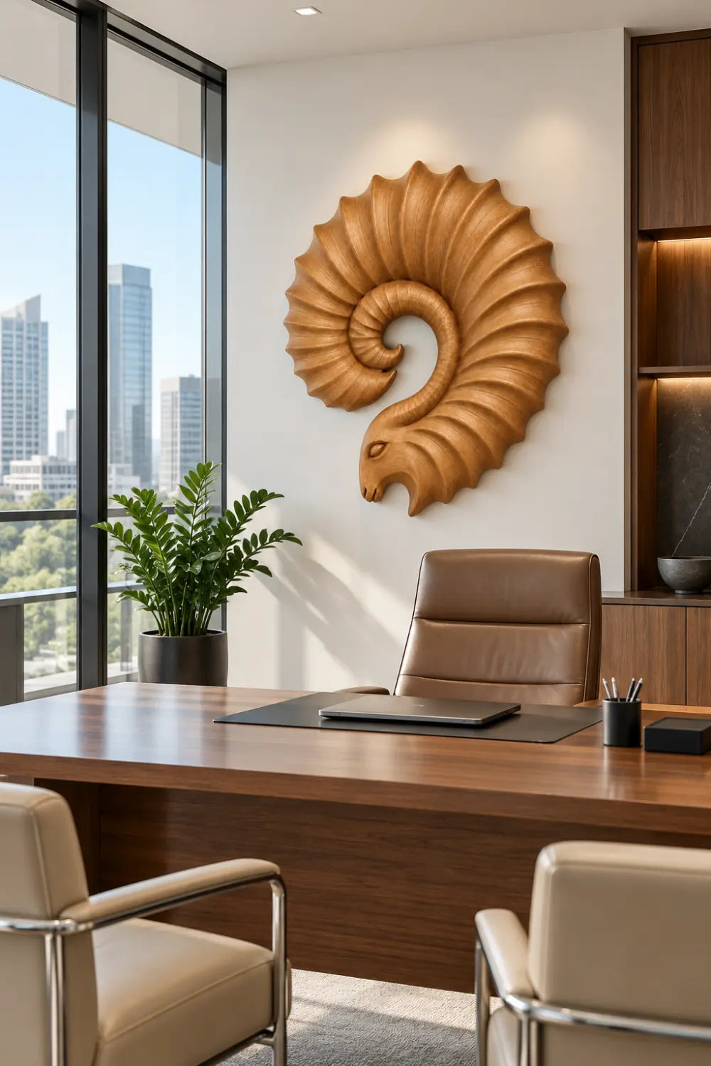Carved Wooden Ram Horn Wall Sculpture | Ribbed Spiral Animal Relief Decor