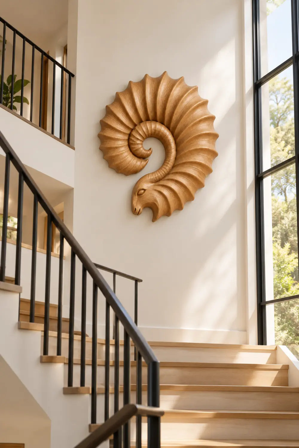 Carved Wooden Ram Horn Wall Sculpture | Ribbed Spiral Animal Relief Decor