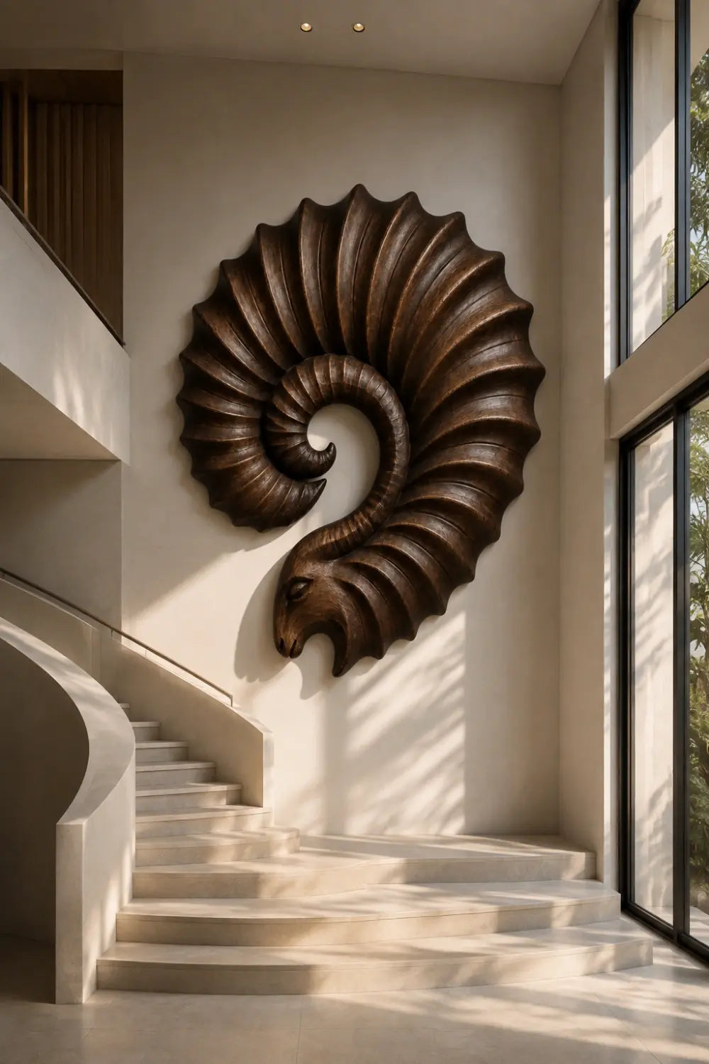 Carved Wooden Ram Horn Wall Sculpture | Ribbed Spiral Animal Relief Decor