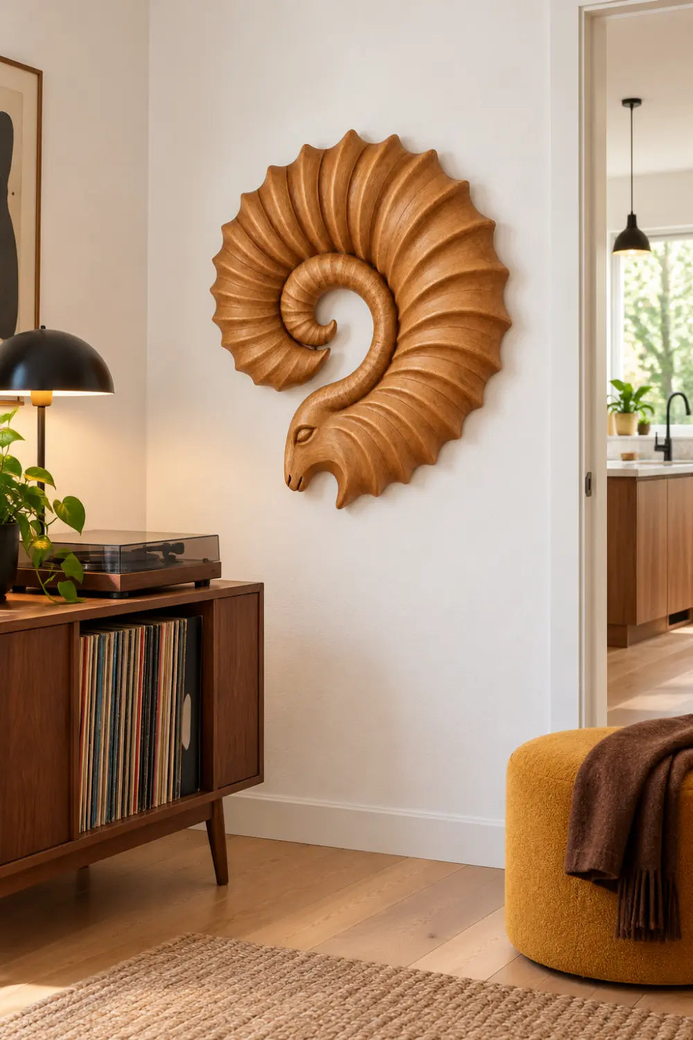 Carved Wooden Ram Horn Wall Sculpture | Ribbed Spiral Animal Relief Decor