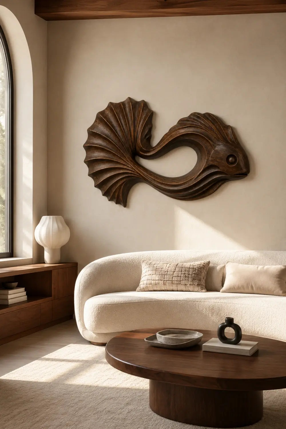Carved Wooden Betta Fish Wall Art Sculpture | Modern Aquatic Relief Decor