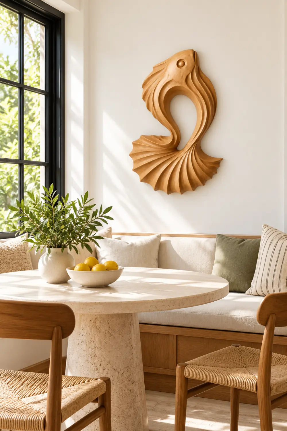 Carved Wooden Betta Fish Wall Art Sculpture | Modern Aquatic Relief Decor