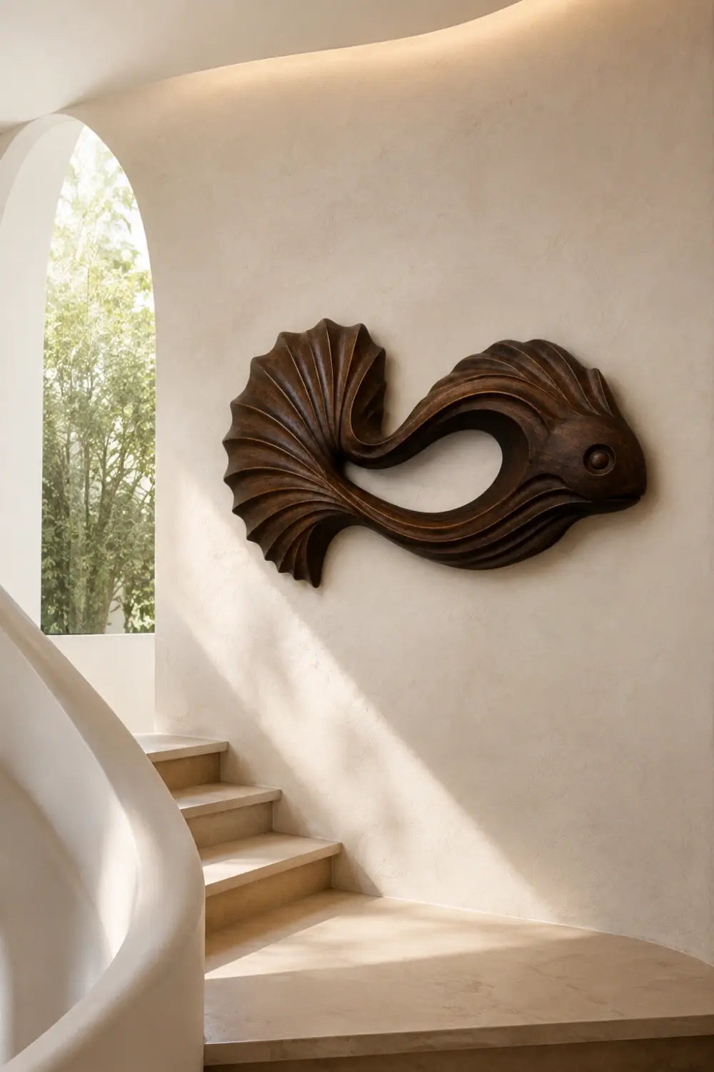 Carved Wooden Betta Fish Wall Art Sculpture | Modern Aquatic Relief Decor