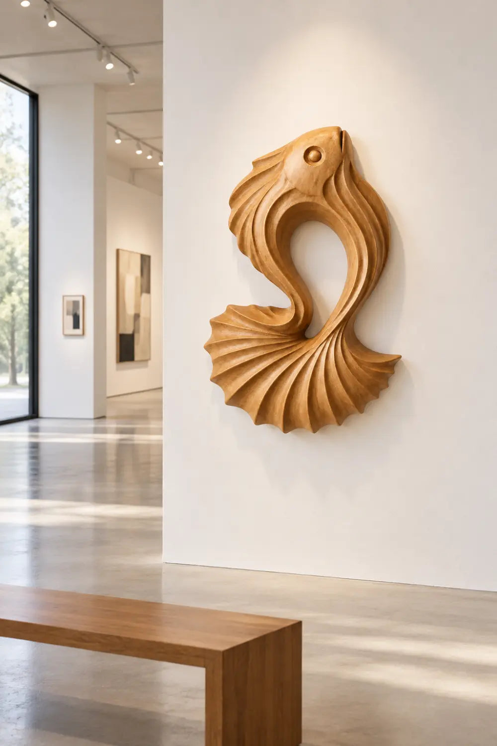 Carved Wooden Betta Fish Wall Art Sculpture | Modern Aquatic Relief Decor