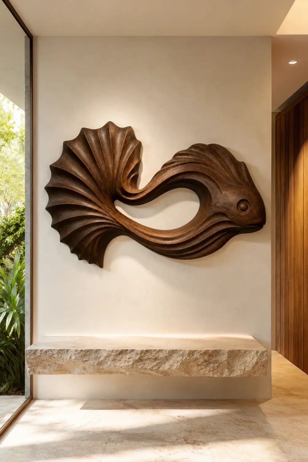 Carved Wooden Betta Fish Wall Art Sculpture | Modern Aquatic Relief Decor
