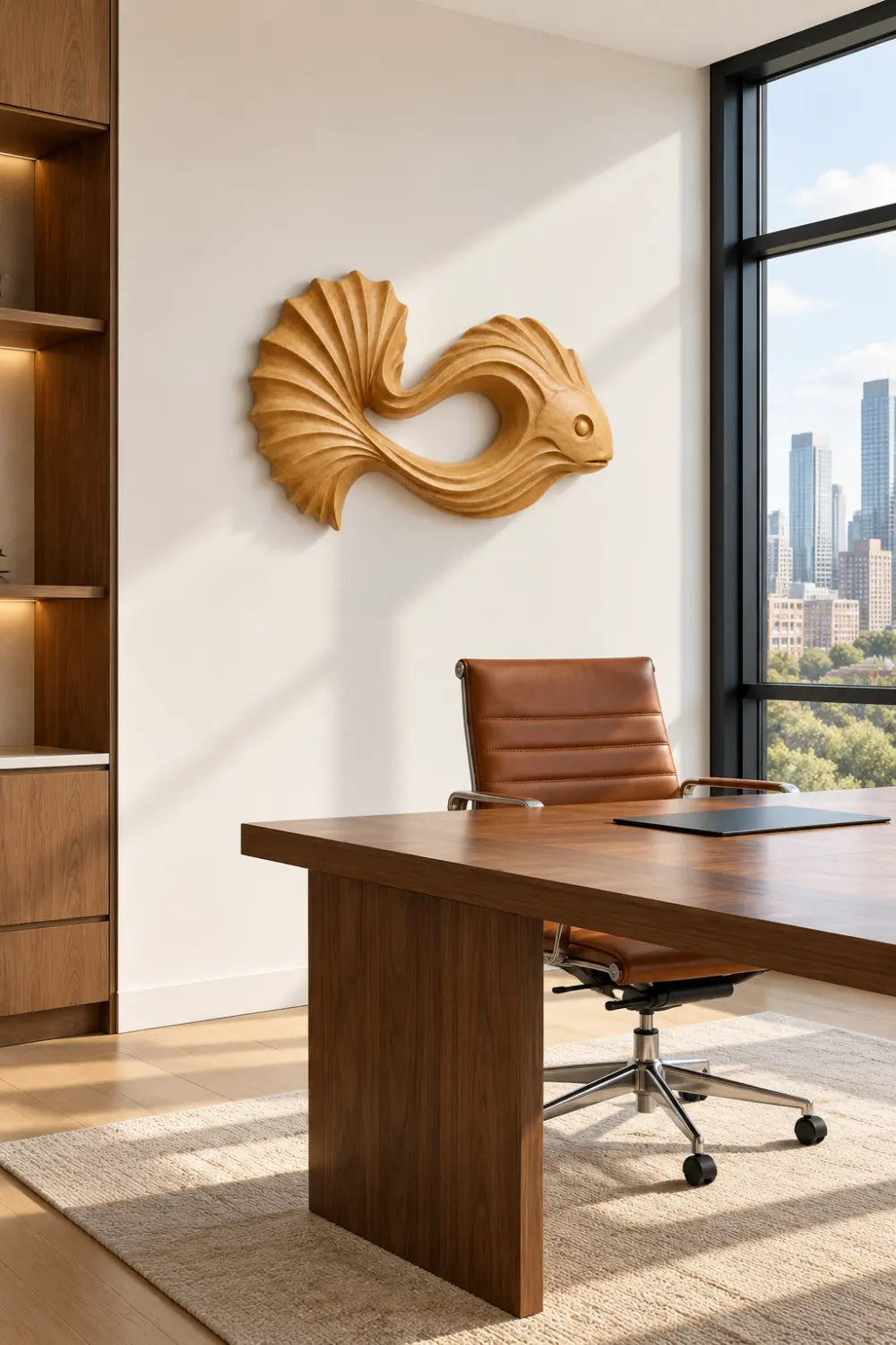 Carved Wooden Betta Fish Wall Art Sculpture | Modern Aquatic Relief Decor