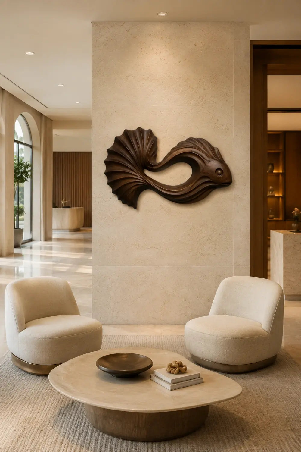 Carved Wooden Betta Fish Wall Art Sculpture | Modern Aquatic Relief Decor