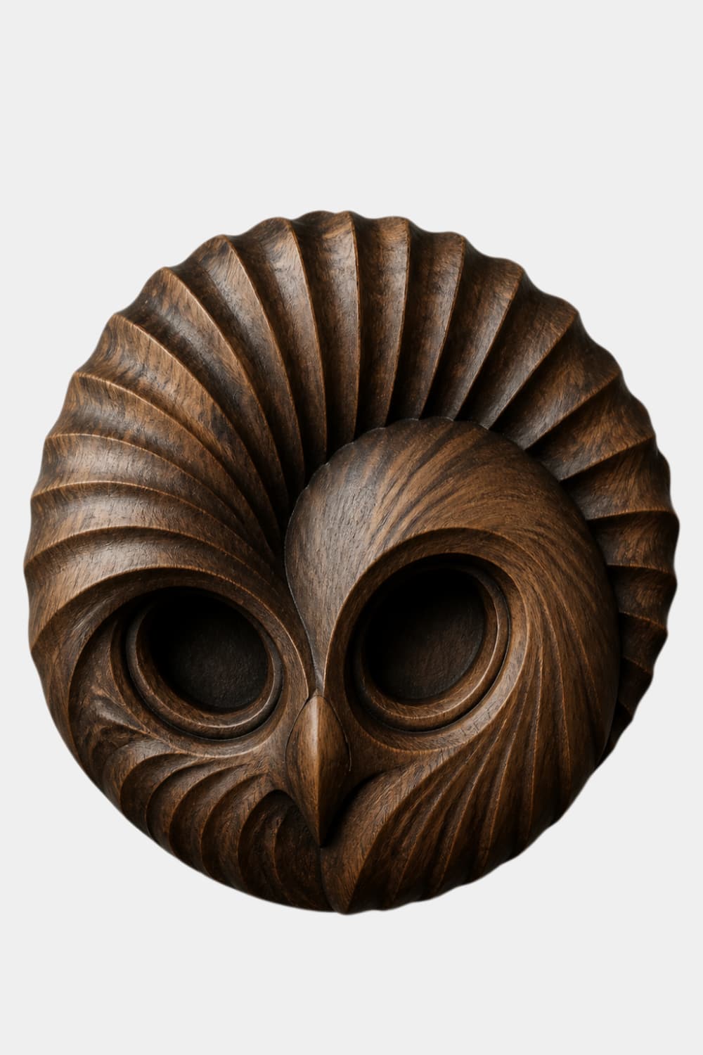 Handcrafted Wooden Owl Head Wall Sculpture | Round Feather Relief Art Decor