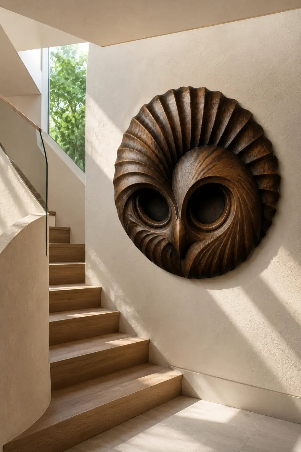 Handcrafted Wooden Owl Head Wall Sculpture | Round Feather Relief Art Decor