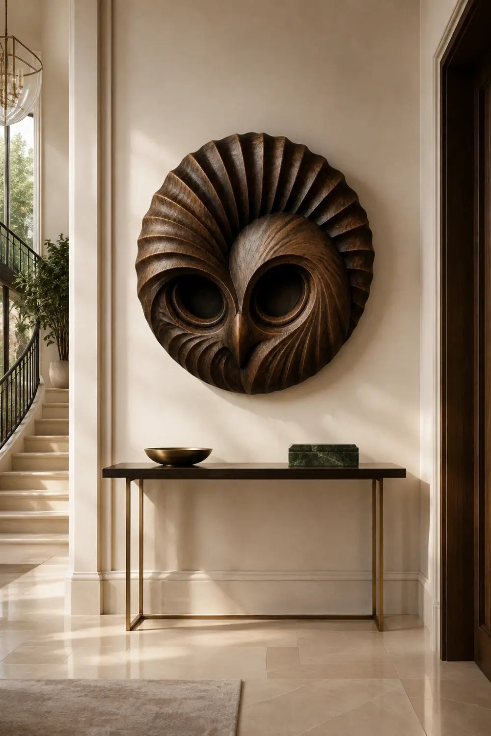 Handcrafted Wooden Owl Head Wall Sculpture | Round Feather Relief Art Decor