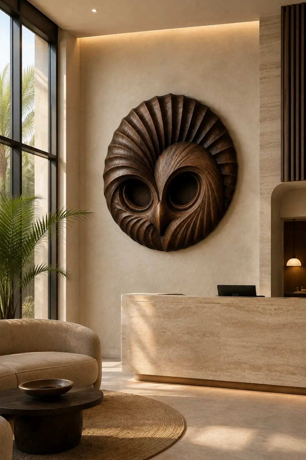 Handcrafted Wooden Owl Head Wall Sculpture | Round Feather Relief Art Decor