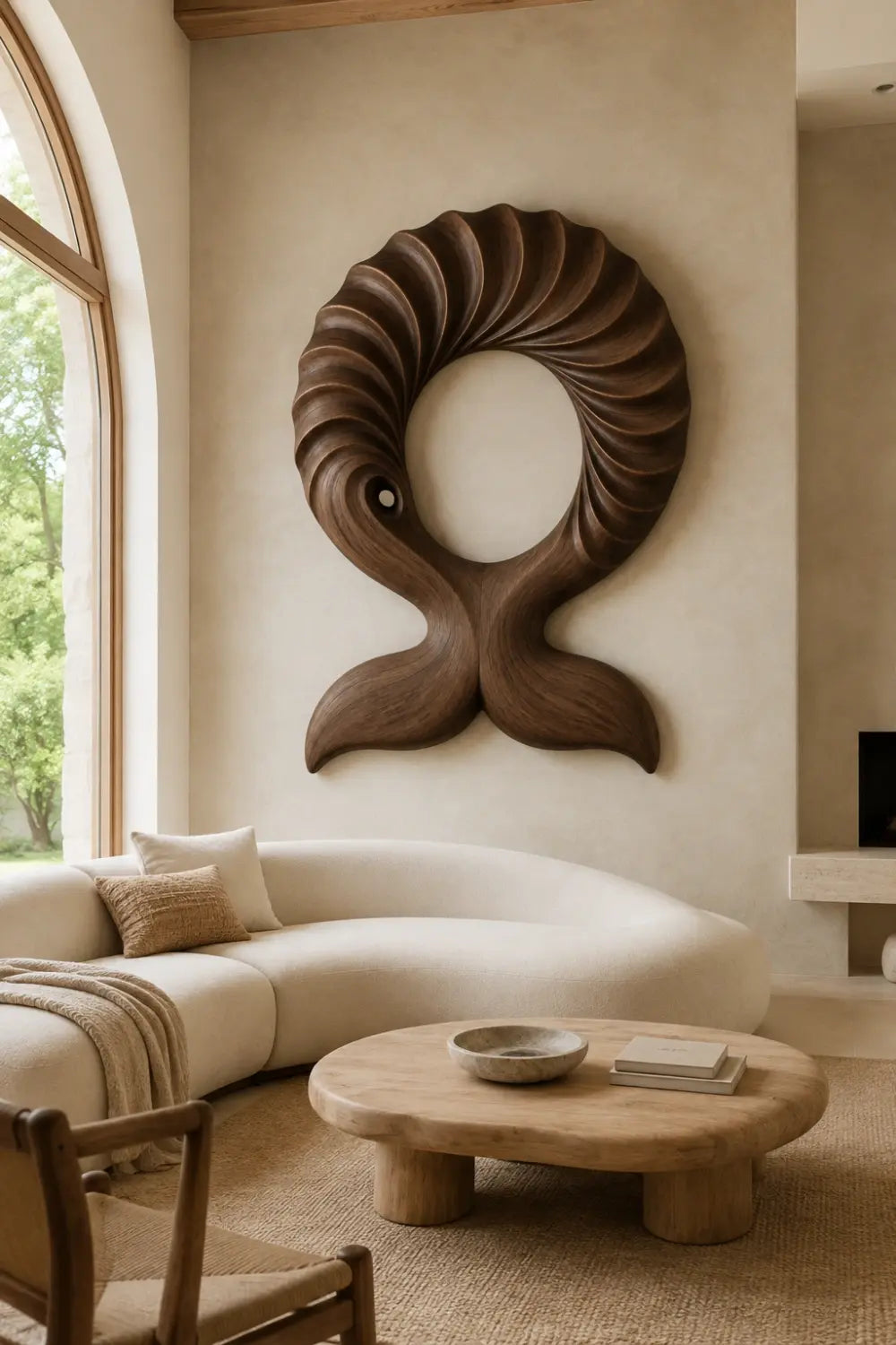 Abstract Wooden Whale Tail Wall Sculpture | Ribbed Loop Relief Art Decor