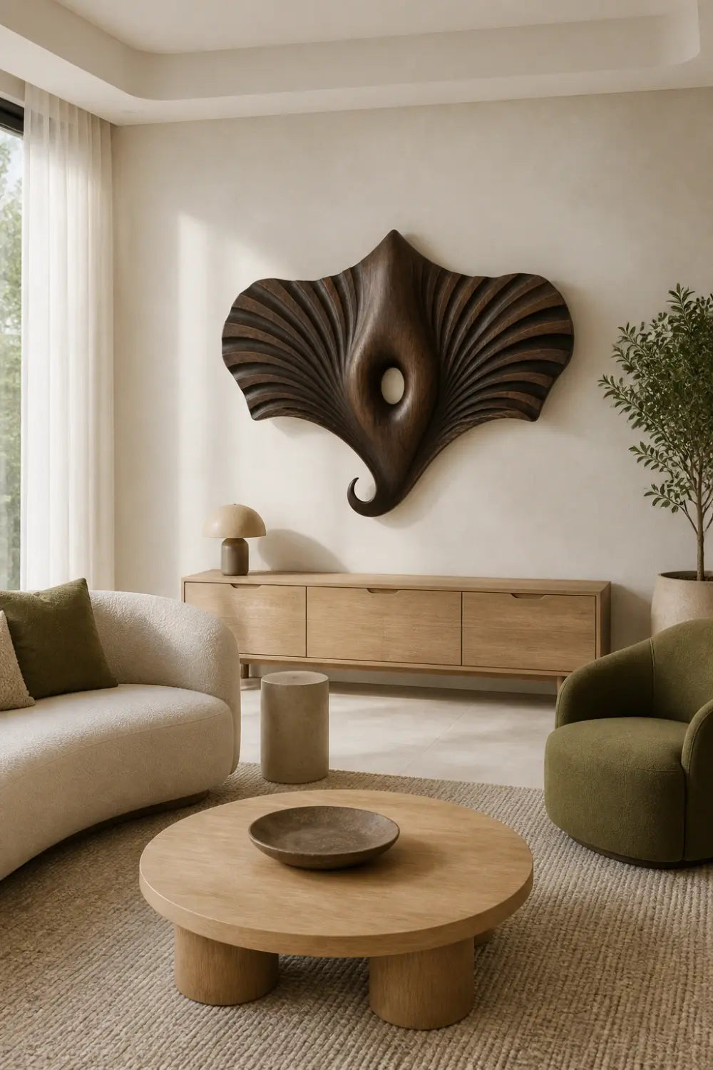 Modern Wooden Manta Ray Wall Sculpture | Carved Winged Oceanic Relief Decor