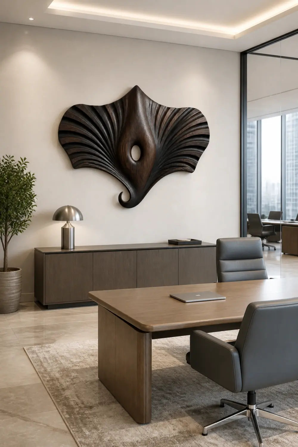 Modern Wooden Manta Ray Wall Sculpture | Carved Winged Oceanic Relief Decor