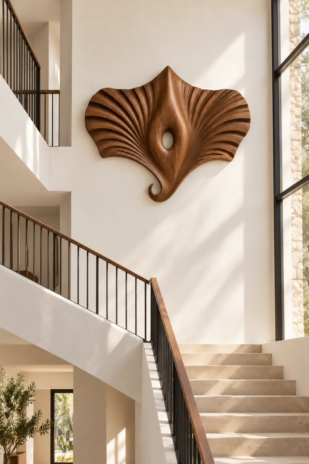 Modern Wooden Manta Ray Wall Sculpture | Carved Winged Oceanic Relief Decor