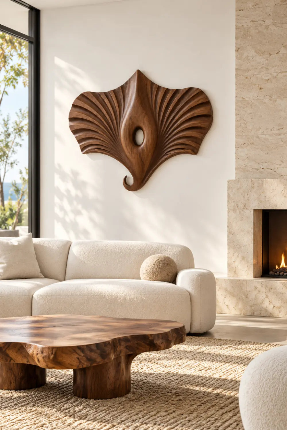 Modern Wooden Manta Ray Wall Sculpture | Carved Winged Oceanic Relief Decor
