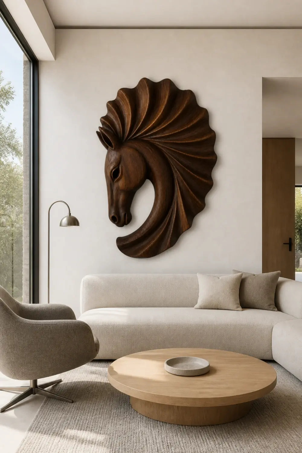 Carved Wooden Horse Head Wall Sculpture | Scalloped Equine Relief Decor