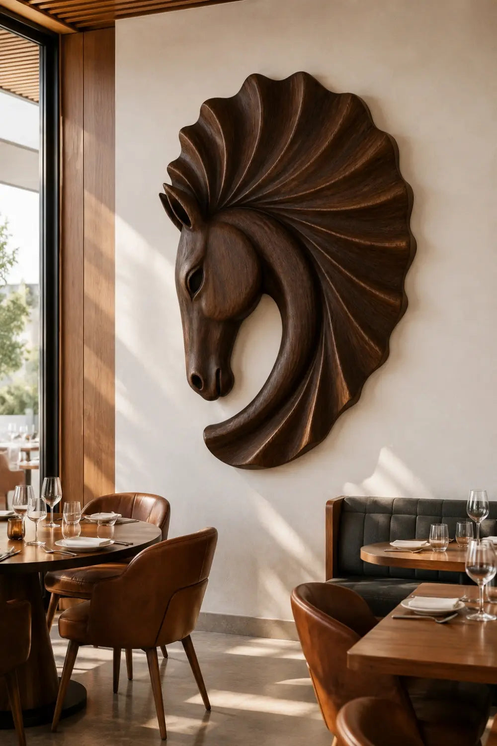 Carved Wooden Horse Head Wall Sculpture | Scalloped Equine Relief Decor
